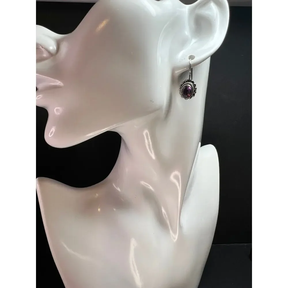 Vintage Balinese Sterling Silver Amethyst Drop Earrings Beaded Halo